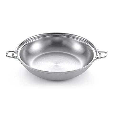 Stainless steel pot with handles on a white background