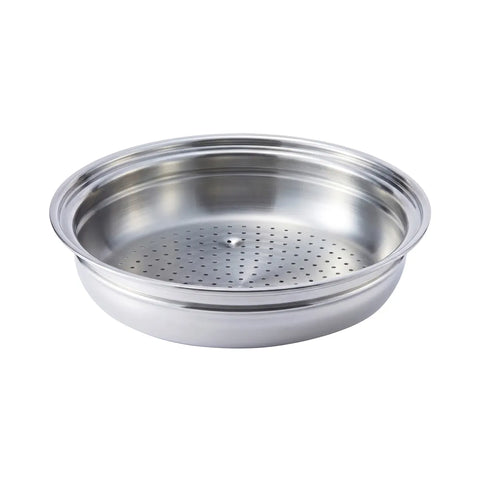 Stainless steel steamer insert on a white background