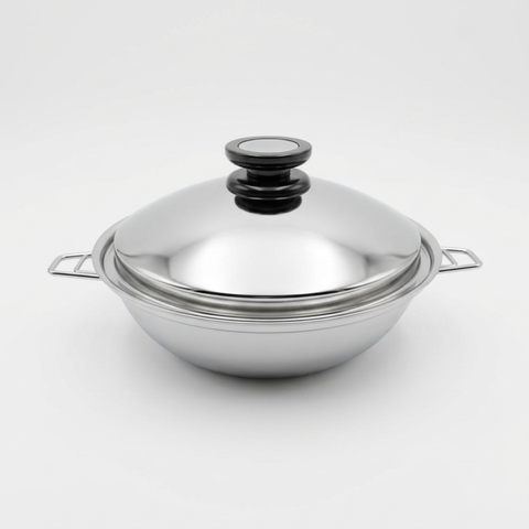 A stainless steel stockpot with a matching lid, featuring side handles and a black knob on a light gray background.