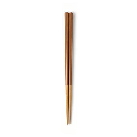 Pair of brown and wooden chopsticks on a white background
