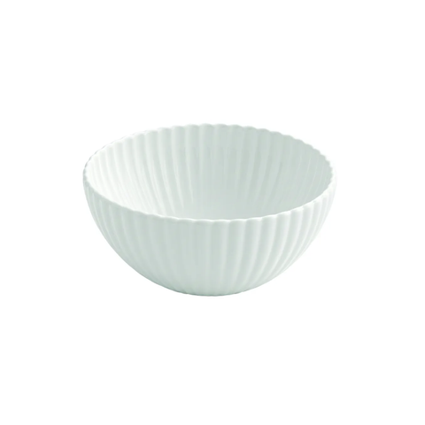 A small white ceramic bowl with a fluted, ribbed exterior and a smooth, scalloped rim, shown against a plain white background.