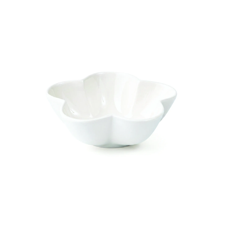 A white ceramic bowl with a five-petal flower shape, shown on a seamless white background.