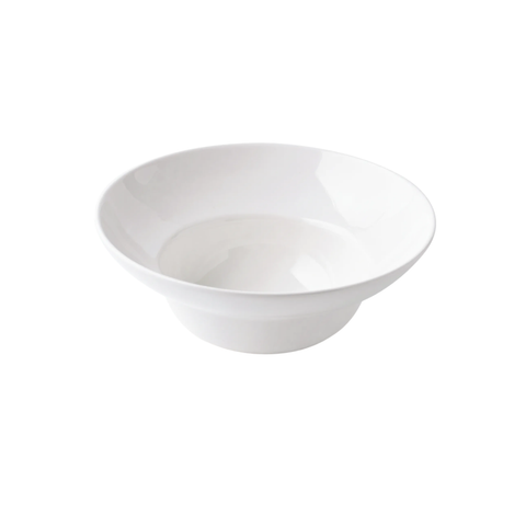 A white ceramic deep bowl with a wide rim, shown from a top-down perspective on a seamless white background.