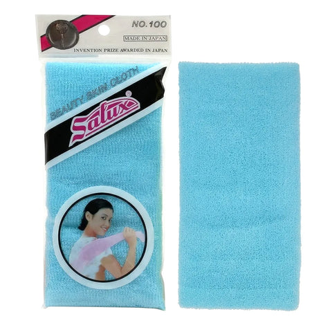 Blue washcloth with packaging featuring Salux branding on a white background