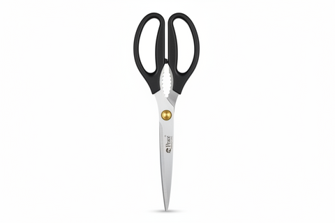 Pair of scissors with black handles on a white background