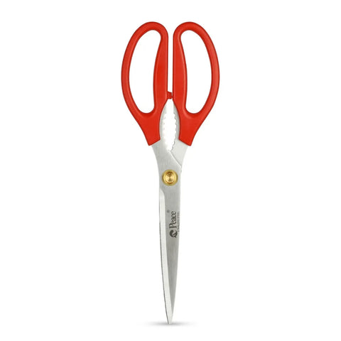 Red handled kitchen scissors on a white background