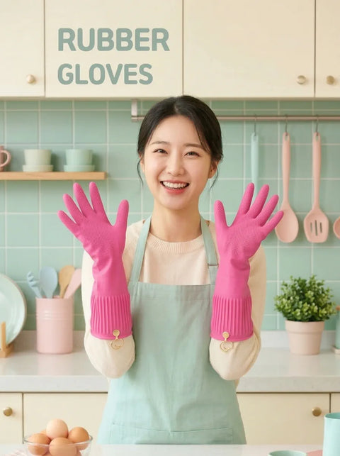 Person wearing pink rubber gloves in a kitchen setting