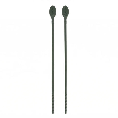 Dark green silicone cooking chopsticks with spoon head at one end on a white background