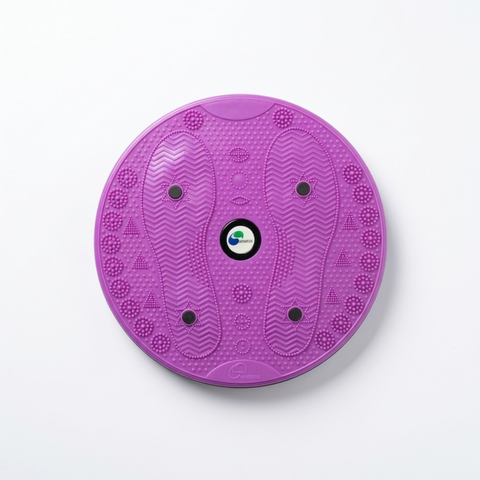 A purple circular balance board with textured footprints, wavy patterns, and small black weight plates, photographed from directly above on a white background.