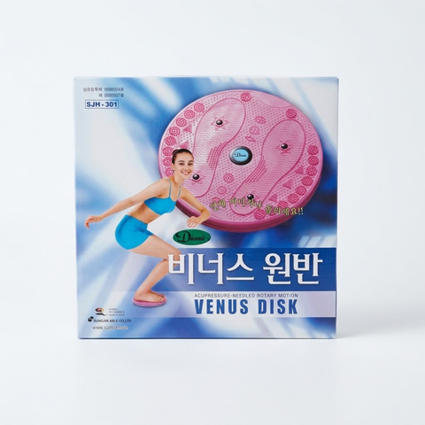 Venus Disk exercising rotating disk in its retail packaging, featuring a pink circular device with foot-shaped massage nodes on a blue and white background with an illustration of a woman in a blue swimsuit.