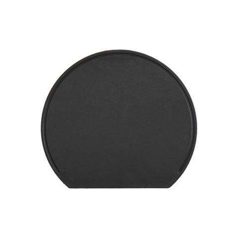 A black semi-circular cutting board with white background.