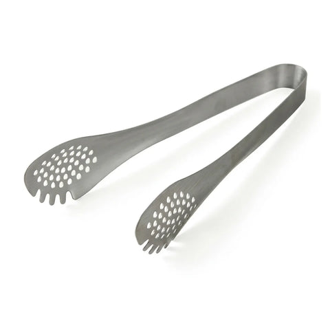 Slotted stainless steel tongs with serrated grip edges on a white background.