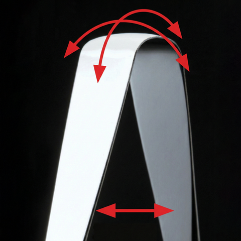 Metallic object with red arrows indicating measurements or features on a black background