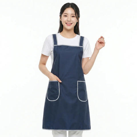 Person wearing a navy blue apron with white trim on a white background