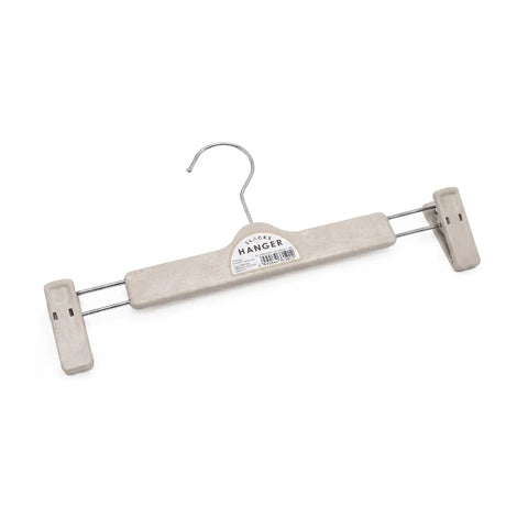 A wooden hanger with adjustable metal spring clamps on both sides and a silver metal hook, shown on a plain white background.