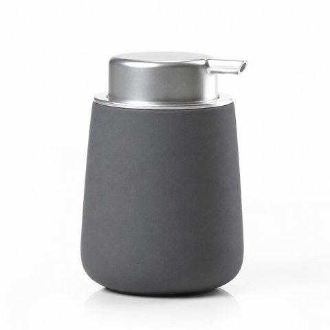 A matte dark gray pump bottle with a brushed silver metal cap and spout, shown on a clean white background.