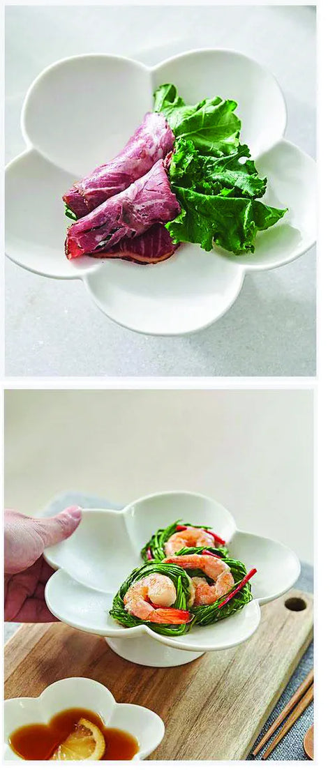 A white ceramic plate with four petal-shaped indentations, shown in two stacked photos. The top photo shows raw pink meat and green lettuce placed inside the petal cavities.