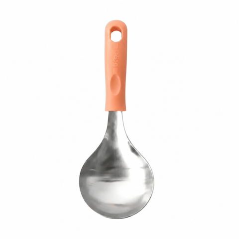 A stainless steel ladle with a bright orange silicone handle, shown against a plain white background.