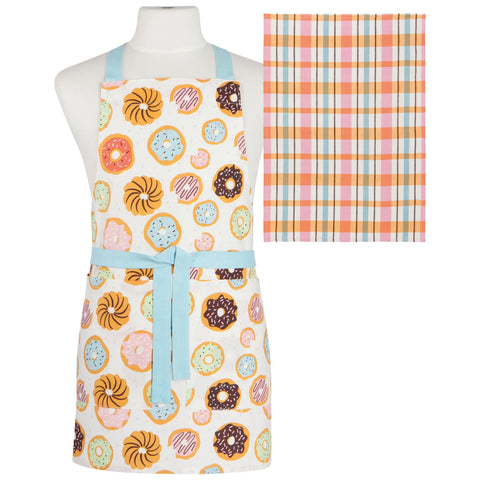 Apron with donut pattern and matching towel on a mannequin