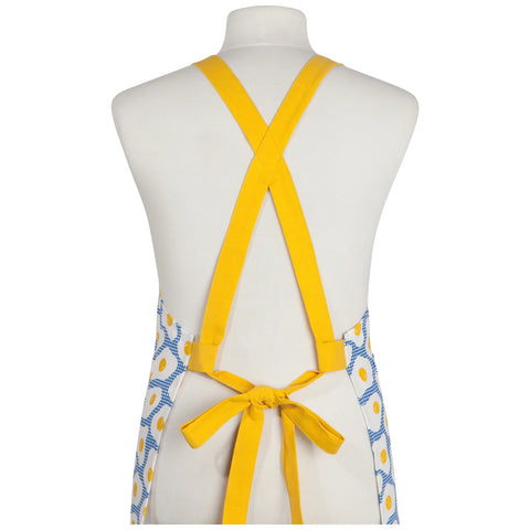 Yellow apron with floral pattern on a mannequin against a white background