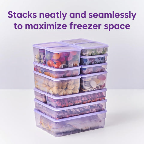 Stacked purple food storage freezer containers packed with ingredients on a neutral background with the phrase 'Stacks neatly and seamlessly to maximize freezer space' across the top.
