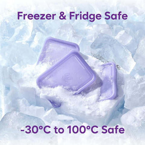 Purple freezer food storage containers on a bed of ice with 'Freezer & Fridge Safe' and '-30C to 100C safe' text.
