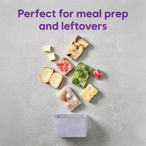 Purple freezer food storage container with frozen blocks of food and ingredients on a neutral background with the phras 'Perfect for meal prep and leftovers' on the top.