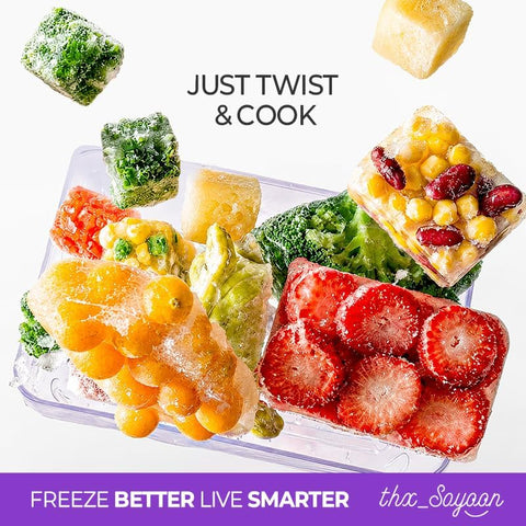 Frozen food ingredient blocks with the words 'Just twist & cook' and 'Freeze better live smarter' by the brand thx_Soyoon.