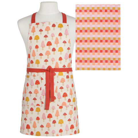 Colorful apron with mushroom pattern and matching towel on a mannequin.