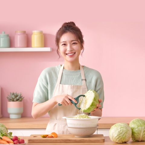 Woman peeling a cabbage with a green handheld vegetable peeler