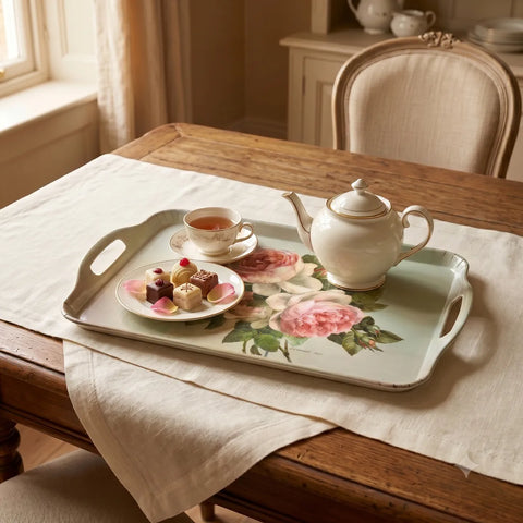 Tea set with a floral tray on a wooden table
