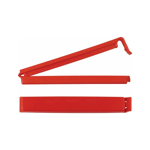 Red plastic bag clips on a white background