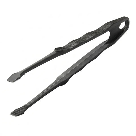 Black plastic tongs on a white background