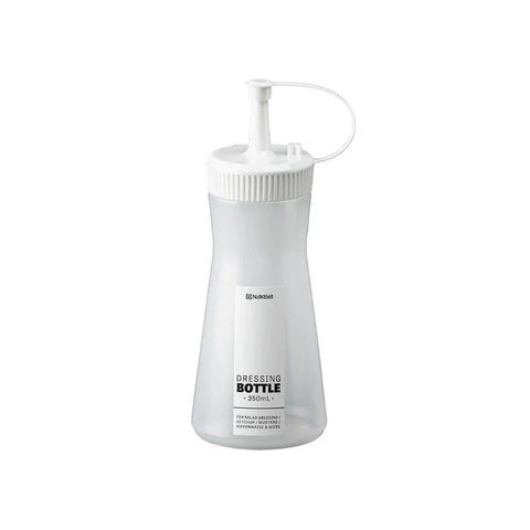 Translucent plastic squeeze bottle with white top on a white background.