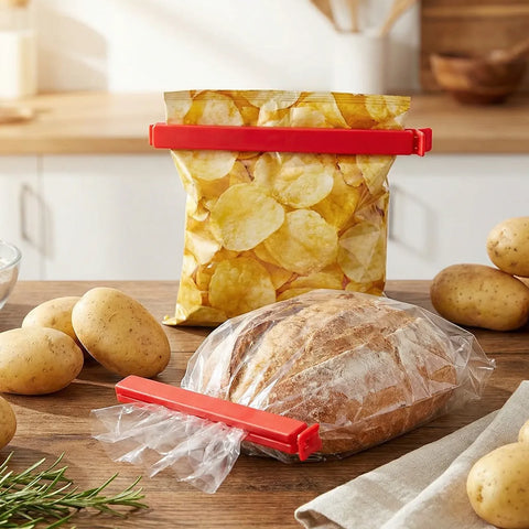 Red plastic bag clip on a bag of potato chips and bread on a wooden table with potatoes around.
