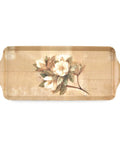 A rectangular decorative tray with rounded corners and handles, featuring a vintage-style floral print of white flowers and green leaves on a distressed beige background.