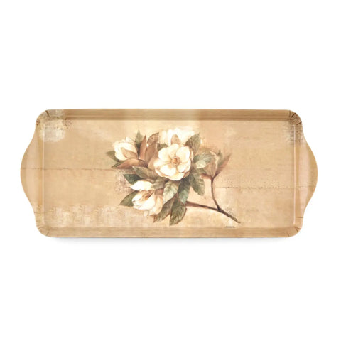 A rectangular decorative tray with rounded corners and handles, featuring a vintage-style floral print of white flowers and green leaves on a distressed beige background.