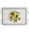 A white ceramic serving tray with two side handles, featuring a vintage-style illustration of two yellow sunflowers, green leaves, and small butterflies, framed by a green leaf border.