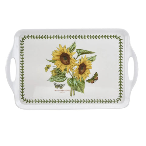 A white ceramic serving tray with two side handles, featuring a vintage-style illustration of two yellow sunflowers, green leaves, and small butterflies, framed by a green leaf border.