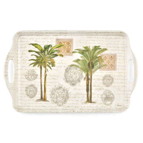 A rectangular decorative serving tray with integrated side handles, featuring two illustrated palm trees, ornate gold-toned medallions, and a distressed beige script background.