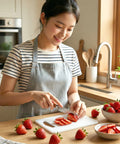 Woman in a kitchen slicing strawberries on a cutting board.
