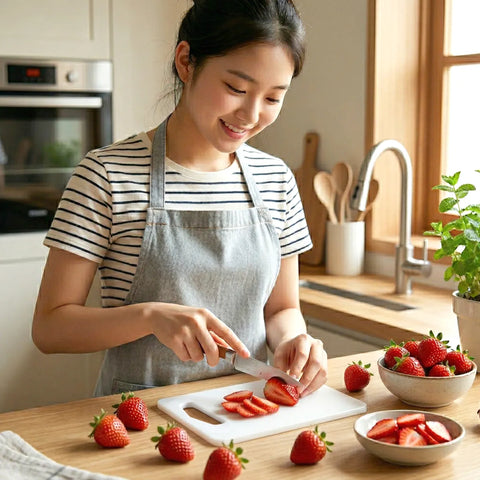 Woman in a kitchen slicing strawberries on a cutting board.