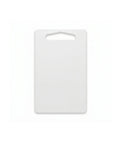 White cutting board with a cutout handle on a white background