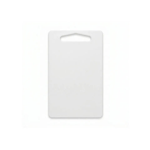 White cutting board with a cutout handle on a white background