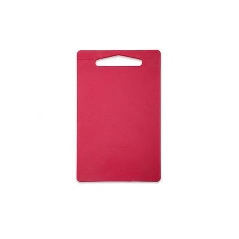 Red cutting board with a cutout handle on a white background