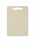 Beige cutting board with a handle on a white background