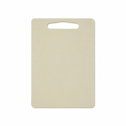 Beige cutting board with a handle on a white background