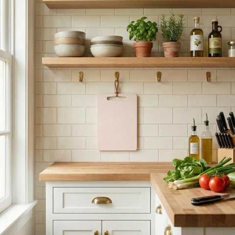 Modern kitchen with wooden countertops, white cabinets, and a hanging cutting board among various kitchen items.