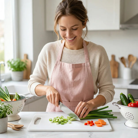 Woman in a kitchen wearing a pink apron, chopping vegetables on a cutting board.