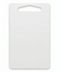 White cutting board with a handle on a white background